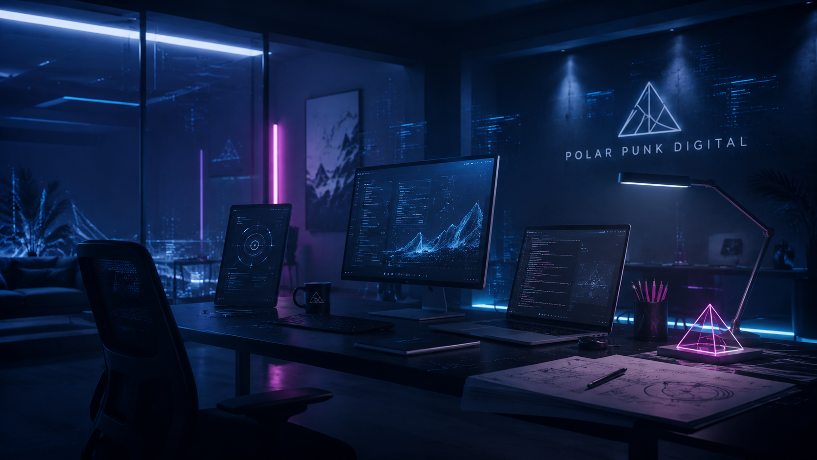 Polar Punk Digital visual backdrop with a futuristic mobile app studio atmosphere.